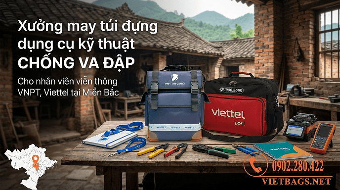 Xưởng may túi đựng dụng cụ kỹ thuật chống va đập cho nhân viên viễn thông VNPT, Viettel tại Miền Bắc