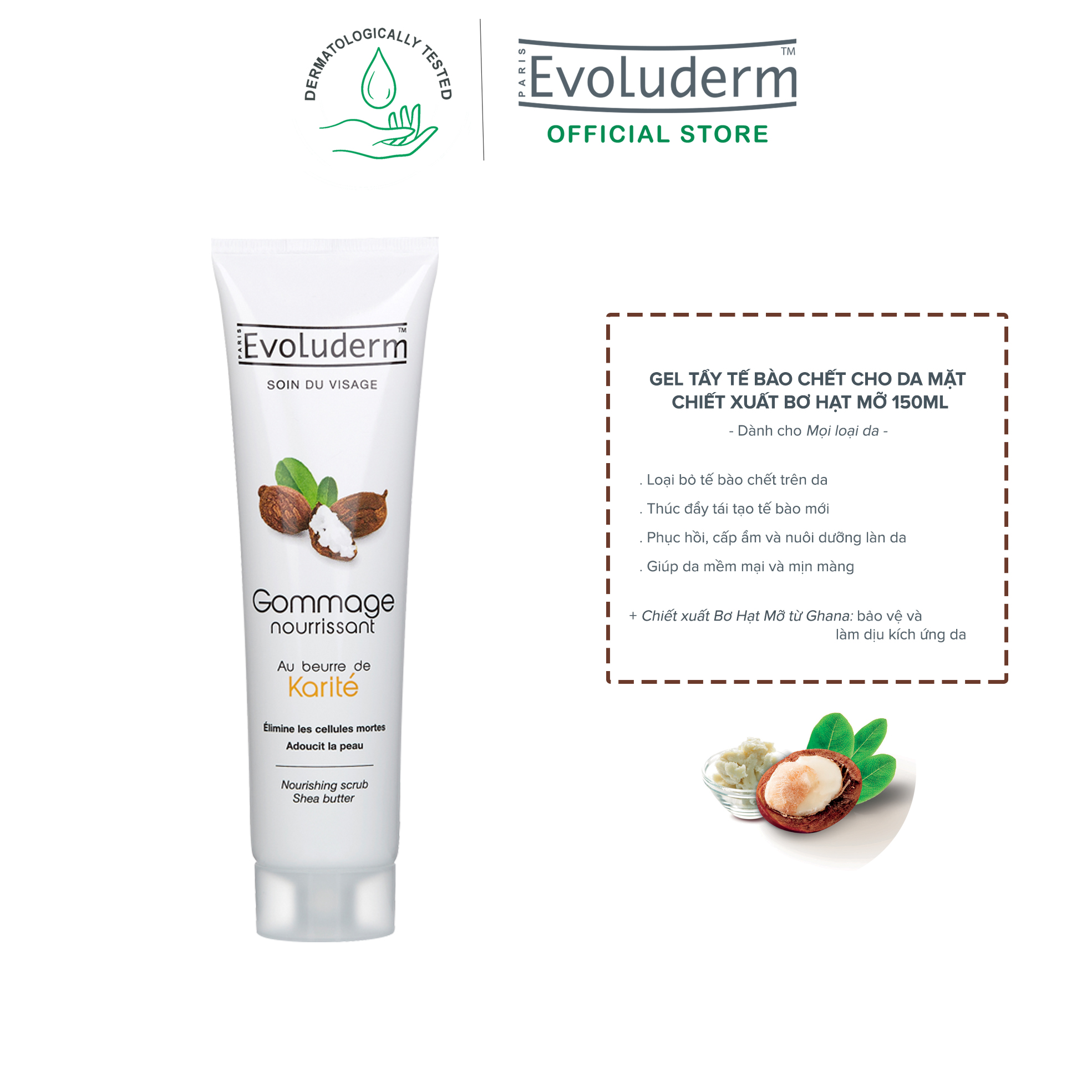 Gel tẩy tế bào chết cho da mặt Evoluderm chiết xuất Bơ hạt mỡ 150ml -  Evoluderm Việt Nam