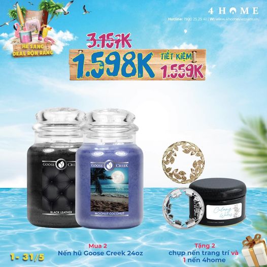 MUA 2 TẶNG 3: Mua 2 nến hũ Goose Creek tặng 2 chụp nến trang trí và 1 nến 4Home MUA 2 TẶNG 3: Mua 2 nến hũ Goose Creek tặng 2 chụp nến trang trí và 1 nến 4Home