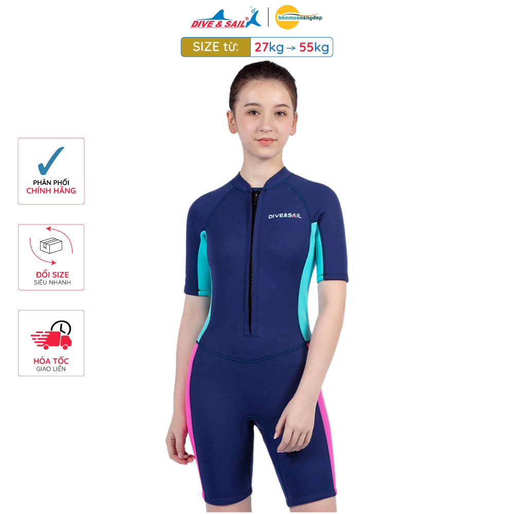 Đồ bơi giữ nhiệt bé gái Dive and Sail size lớn 27-55kg Cao su dày 2.5mm giữ ấm ngăn tia UV