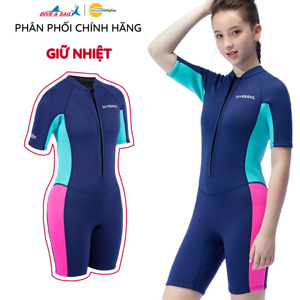 Đồ bơi giữ nhiệt bé gái Dive and Sail size lớn 27-55kg Cao su dày 2.5mm giữ ấm ngăn tia UV