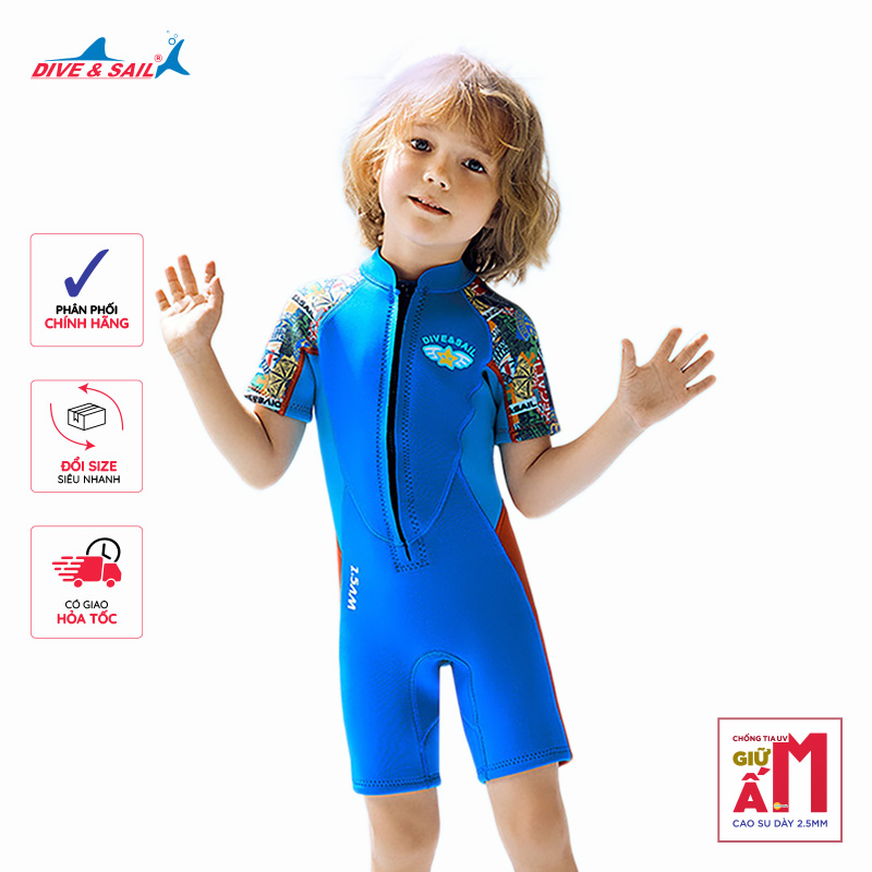 Đồ bơi giữ nhiệt bé trai Dive and Sail chất cao su dày 2.5mm giữ ấm chống tia UV size 12-30kg