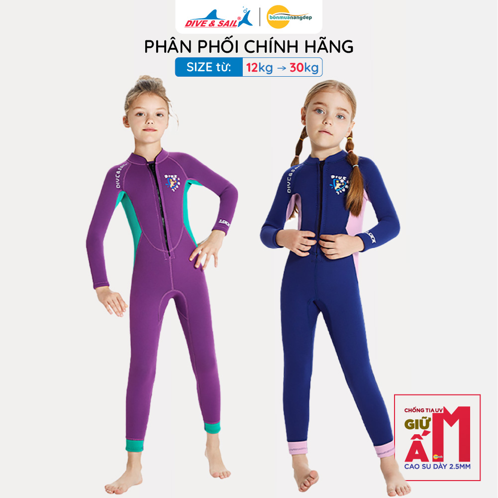 Đồ bơi giữ nhiệt bé gái Dive and Sail size 12-30kg cao su dày 2.5mm giữ ấm ngăn tia UV
