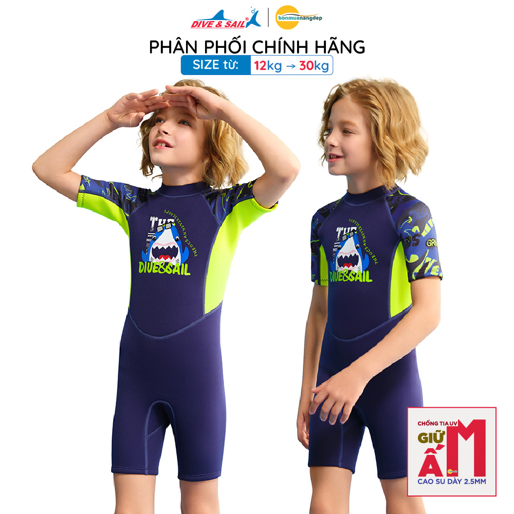 Đồ bơi giữ nhiệt bé trai Dive and Sail size 12-30kg chất liệu cao su dày 2.5mm giữ ấm ngăn tia UV