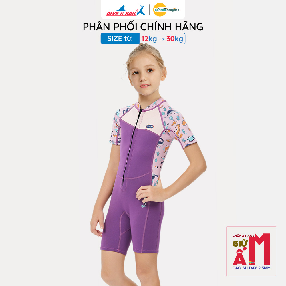 Đồ bơi giữ nhiệt bé gái Dive and Sail size 12-30kg Cao su day 2.5mm giữ ấm ngăn tia UV