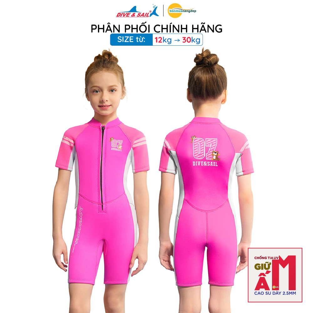 Bộ đồ bơi giữ nhiệt cho bé gái DIVE&SAIL, dày 2.5mm kiểu liền thân, tay ngắn, chống tia UV