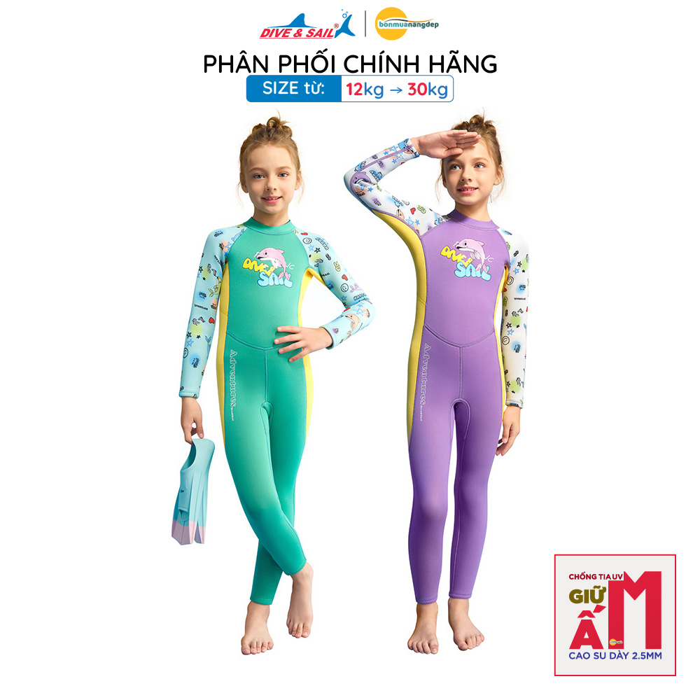 Đồ bơi giữ nhiệt bé gái Dive&Sail liền thân tay dài chất liệu cao su dày 2.5mm – Giữ ấm, chống lạnh, phù hợp để lặn ống thở, lướt sóng chống nắng và chống sứa.
