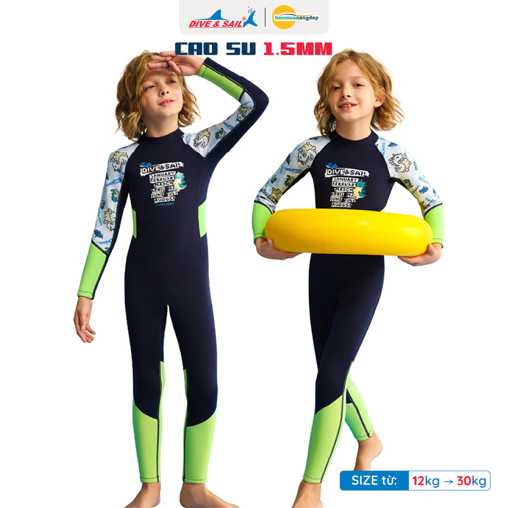 Đồ bơi giữ nhiệt bé trai Dive and Sail size 12-30kg chất liệu cao su dày 1.5mm giữ ấm ngăn tia UV