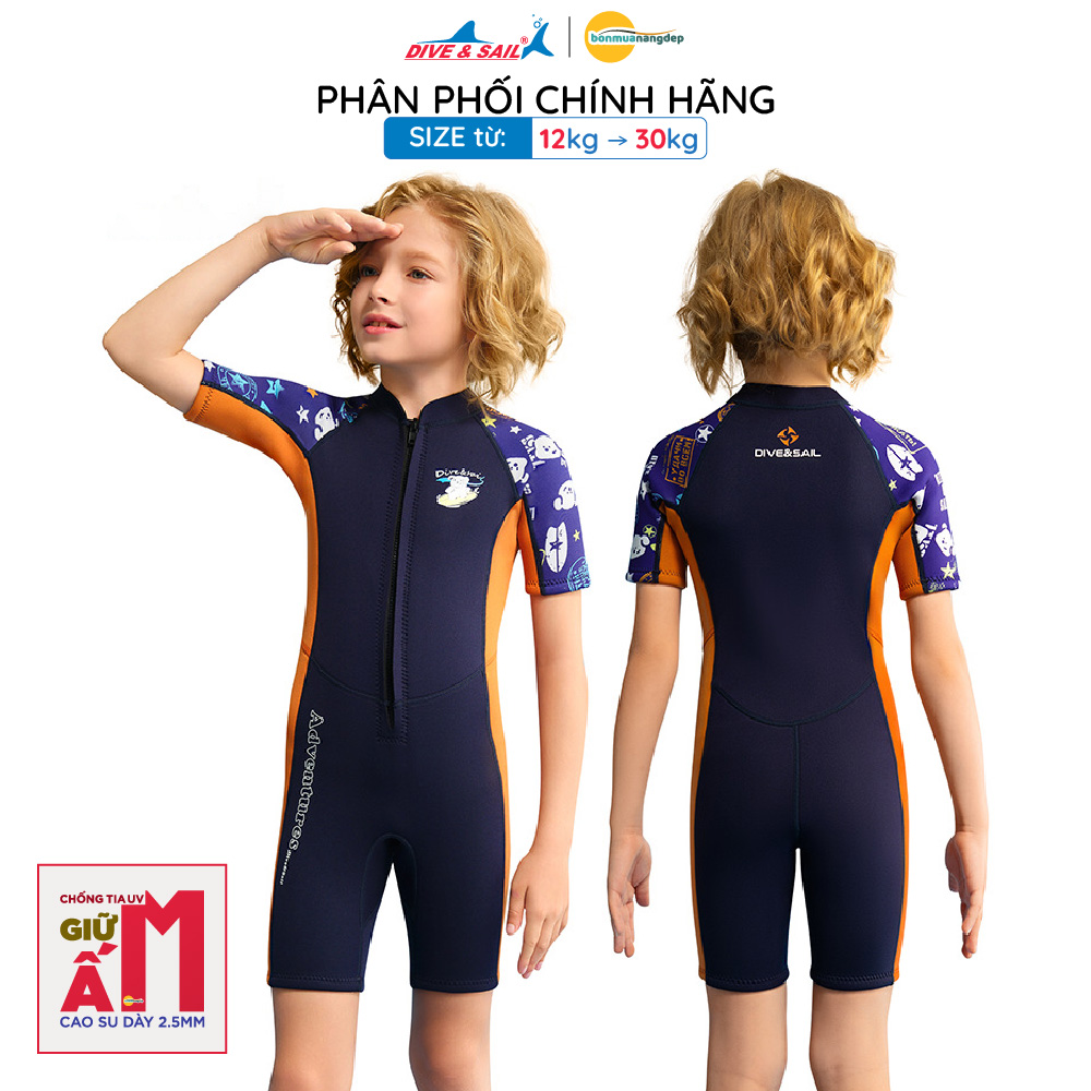 Bộ đồ bơi giữ nhiệt bé trai Dive&Sail 2.5mm, kiểu liền thân, tay ngắn, khóa kéo phía trước, chống UV