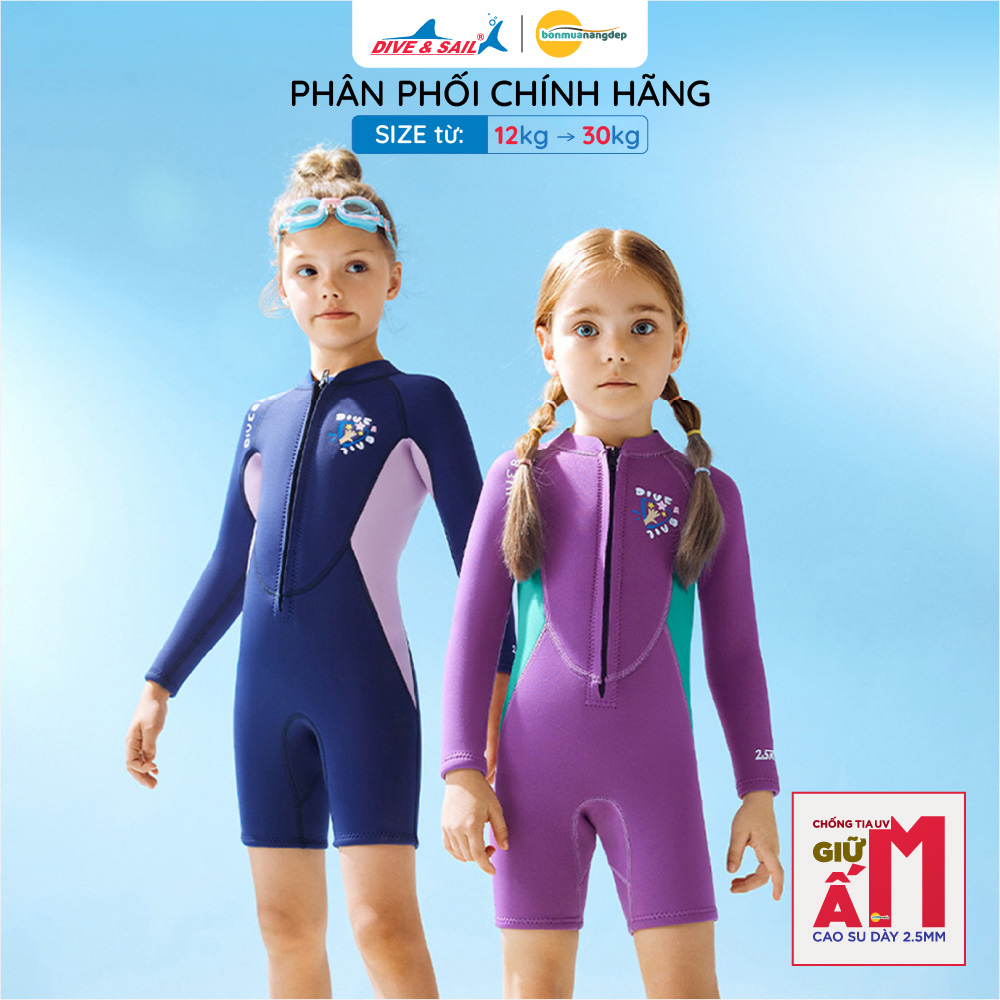 Đồ bơi giữ nhiệt bé gái Dive and Sail size 12-30kg cao su dày 2.5mm giữ ấm ngăn tia UV