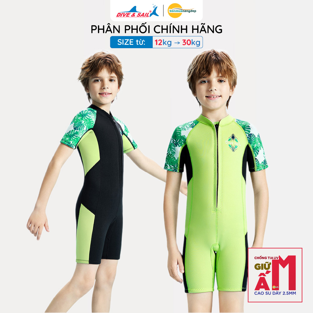 Đồ bơi giữ nhiệt bé trai Dive and Sail size 12kg - 30kg chất cao su dày 2.5mm giữ ấm ngăn tia UV