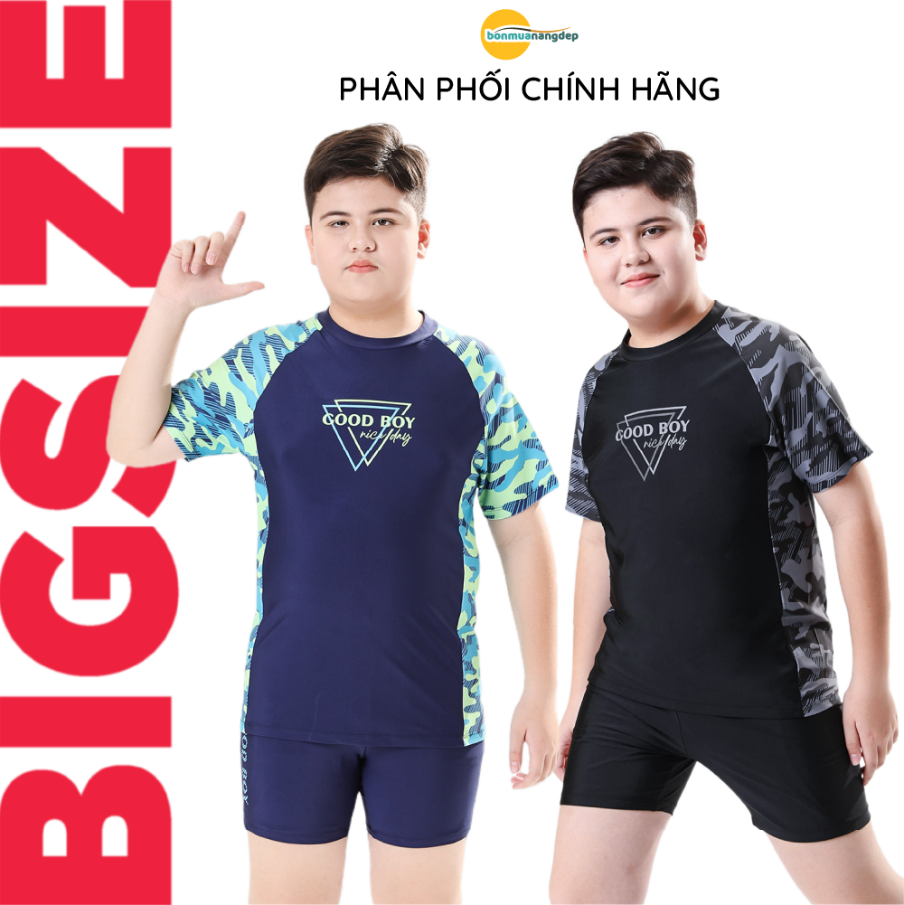 Đồ bơi bé trai BIG SIZE tay ngắn quần ngắn kèm mũ, size từ 34kg - 73kg