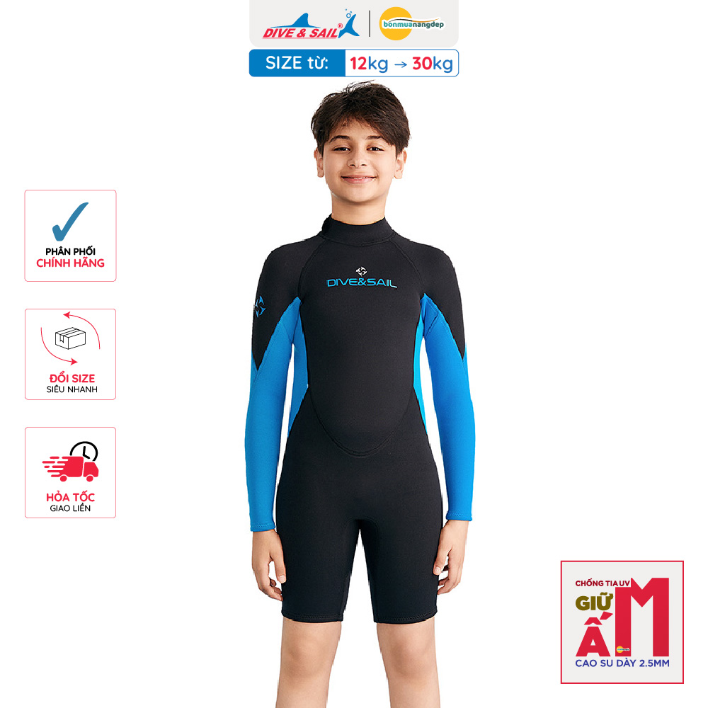 Đồ bơi giữ nhiệt bé trai Dive and Sail size lớn 27-55kg cao su dày 2.5mm giữ ấm