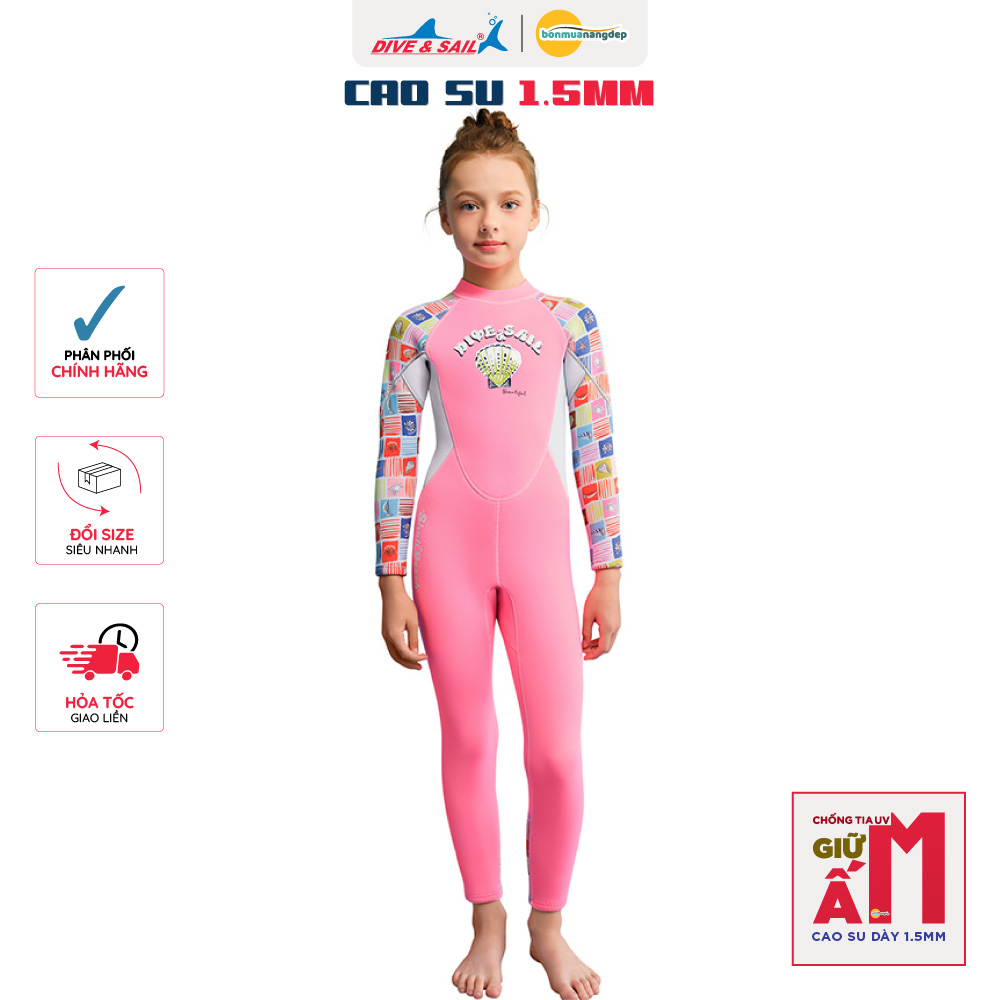 Đồ bơi giữ nhiệt bé gái Dive and Sail size 12-30kg chất liệu cao su dày 1.5mm giữ ấm ngăn tia UV