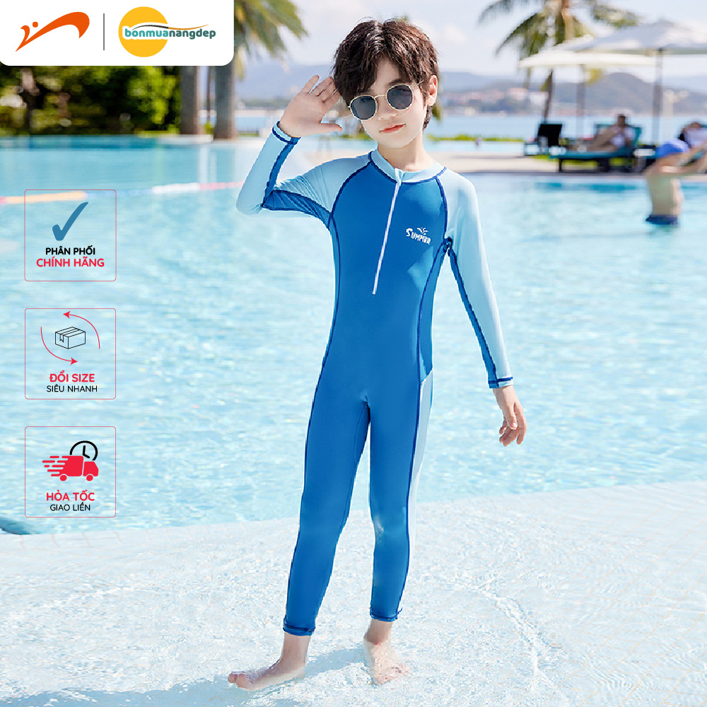 Đồ bơi bé trai liền thân tay dài quần dài phối màu trơn Summer Youyou