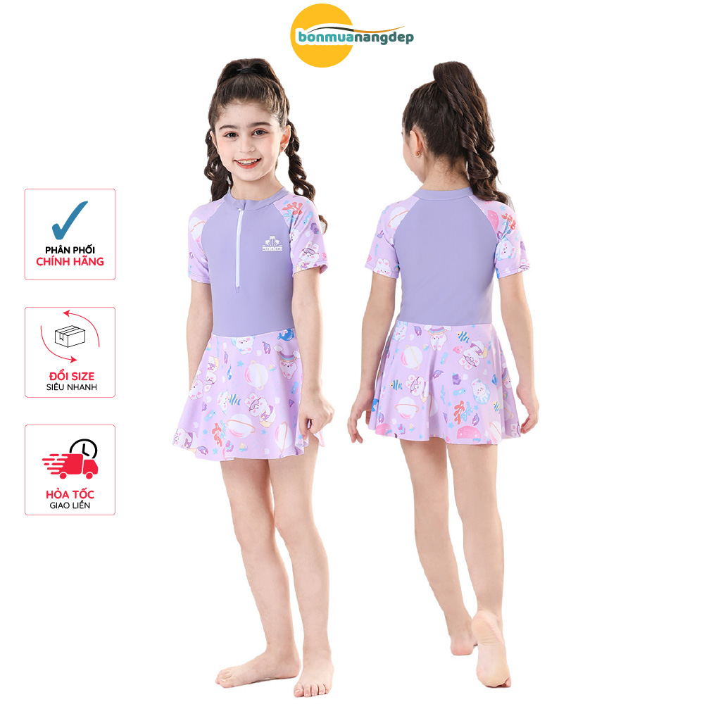 Đồ bơi bé gái tay ngắn váy quần đùi kín đáo dây kéo trước tiện lợi