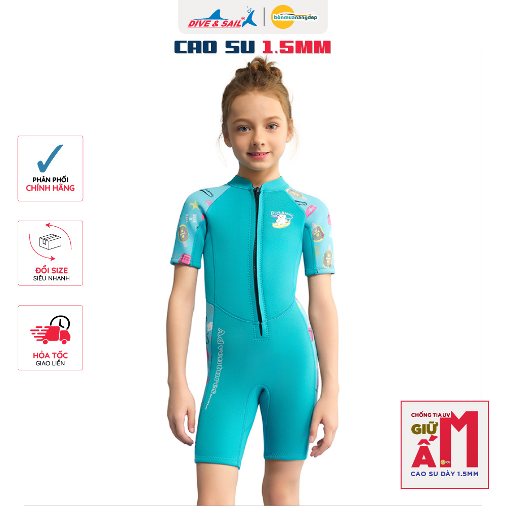 Đồ bơi giữ nhiệt bé gái Dive and Sail size 12-30kg chất liệu cao su dày 1.5mm giữ ấm ngăn tia UV