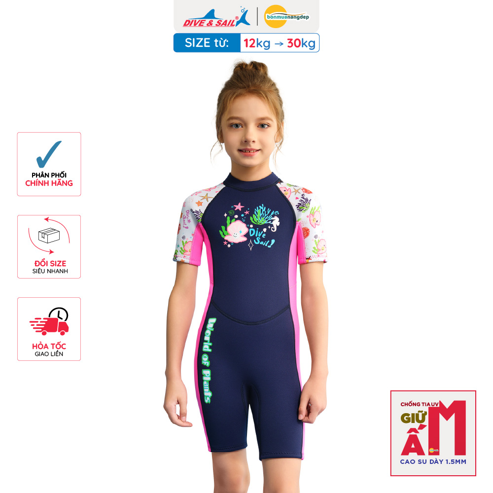 Đồ bơi giữ nhiệt bé gái Dive and Sail size 12-30kg chất liệu cao su dày 1.5mm giữ ấm ngăn tia UV