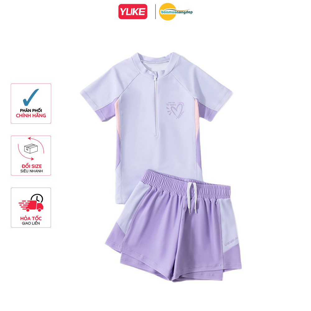 Bộ đồ bơi bé gái tay ngắn quần đùi 2 lớp kín đáo có dây kéo trước ngực tiện lợi YY2482