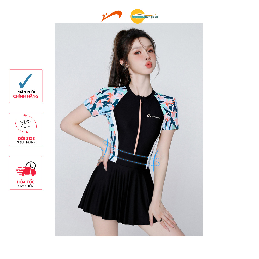 Đồ bơi nữ tay ngắn chân váy phối quần rời bên trong che bụng tạo dáng eo thon