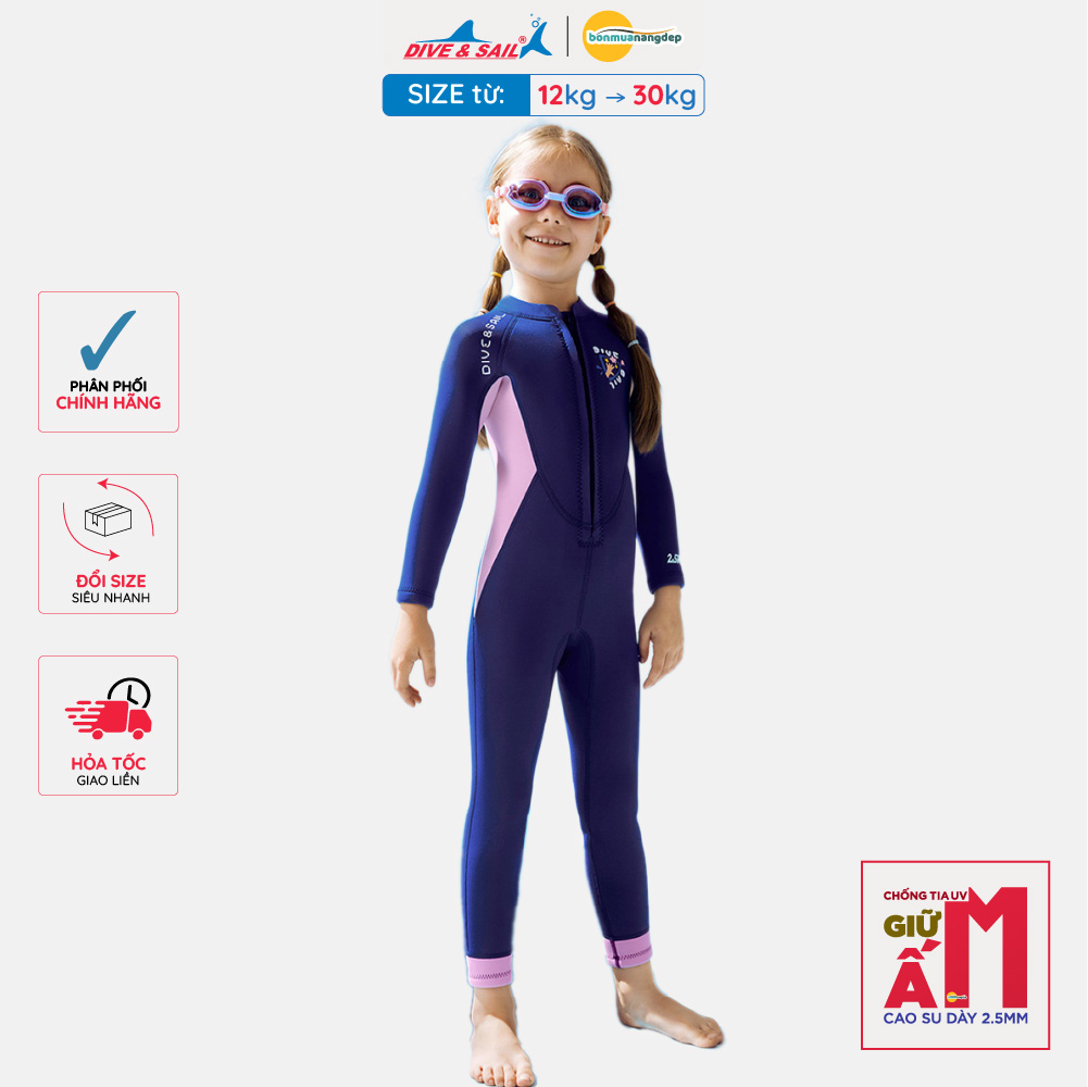 Đồ bơi giữ nhiệt bé gái Dive and Sail size 12-30kg cao su dày 2.5mm giữ ấm ngăn tia UV