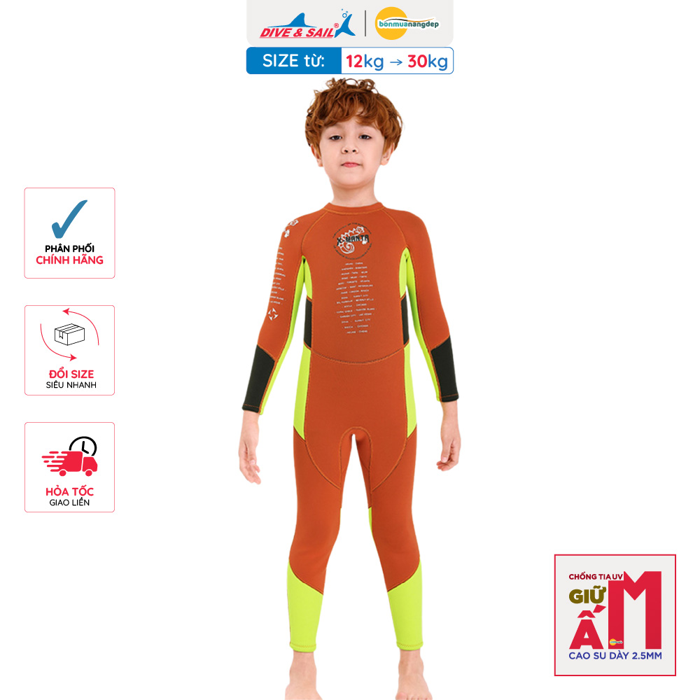 Đồ bơi giữ nhiệt bé trai Dive and Sail size 12-30kg Cao su dày 2.5mm giữ ấm ngăn tia UV