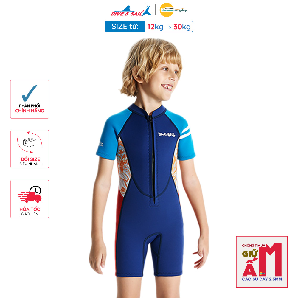 Đồ bơi giữ nhiệt bé trai Dive and Sail size 12-30kg cao su dày 2.5mm giữ ấm ngăn tia UV