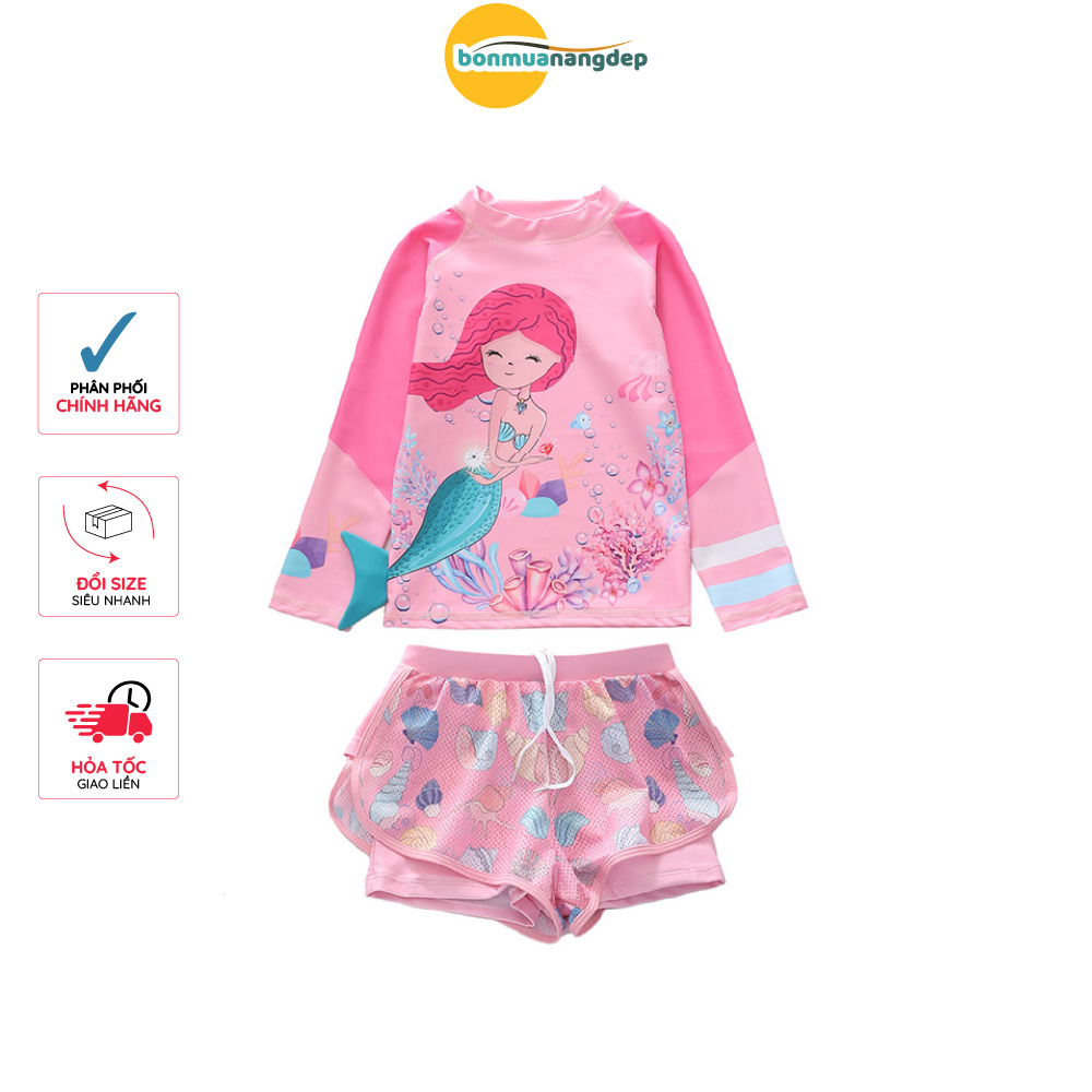Đồ bơi bé gái tay dài quần đùi hai lớp mẫu rời hoạ tiết hoạt hình nàng tiên cá