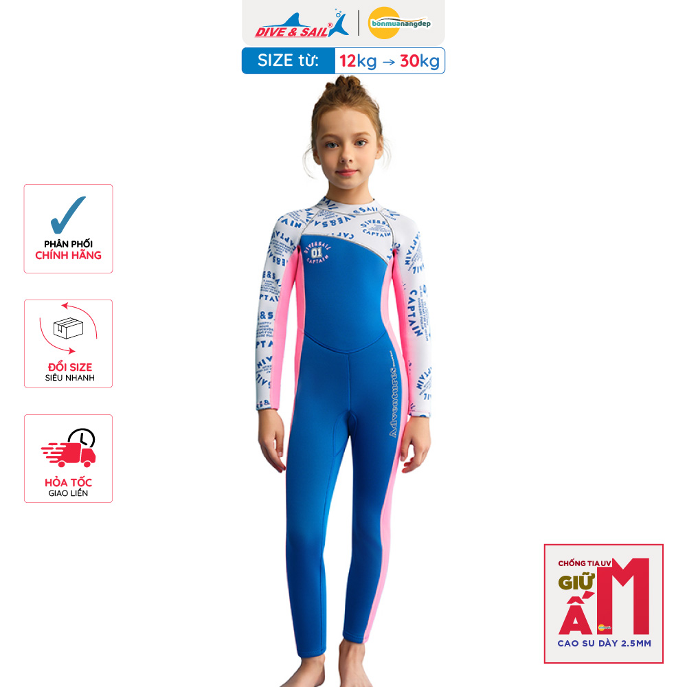 Đồ bơi giữ nhiệt bé gái Dive and Sail size 12-30kg chất liệu cao su dày 2.5mm giữ ấm ngăn tia UV