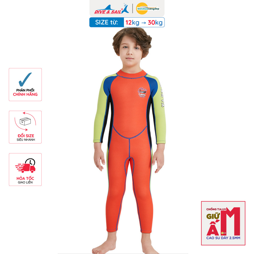 Đồ bơi giữ nhiệt bé trai Dive and Sail size 12-30kg Cao su dày 2.5mm giữ ấm ngăn tia UV