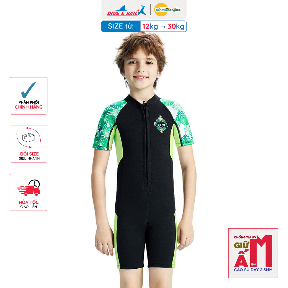 Đồ bơi giữ nhiệt bé trai Dive and Sail size 12kg - 30kg chất cao su dày 2.5mm giữ ấm ngăn tia UV