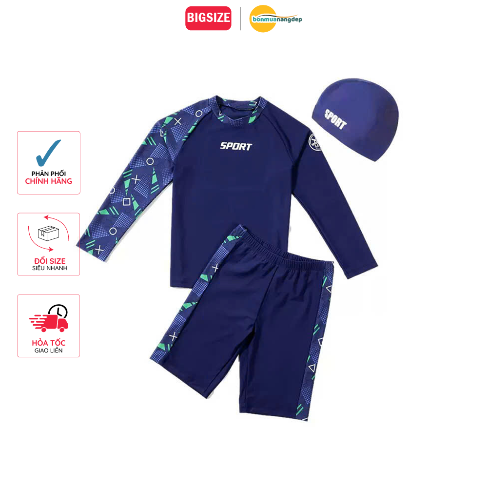 Bộ đồ bơi bé trai BIG SIZE tay dài quần ngắn tặng kèm mũ cho bé từ 34-73kg