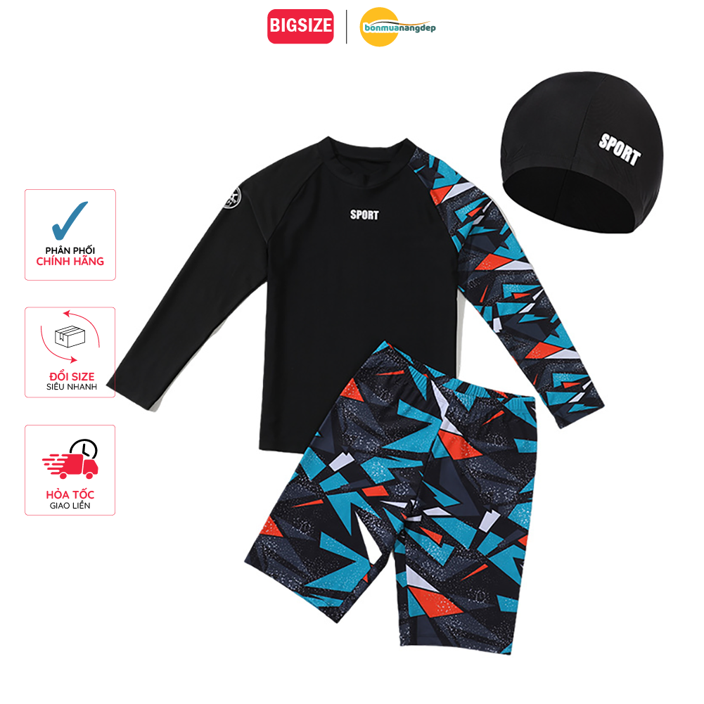 Bộ đồ bơi bé trai BIG SIZE tay dài quần ngắn kèm mũ Size từ 34-73kg