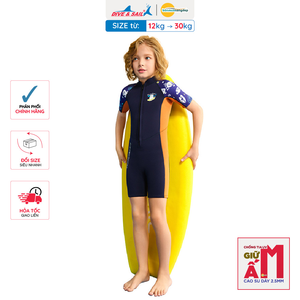 Bộ đồ bơi giữ nhiệt bé trai Dive&Sail 2.5mm, kiểu liền thân, tay ngắn, khóa kéo phía trước, chống UV