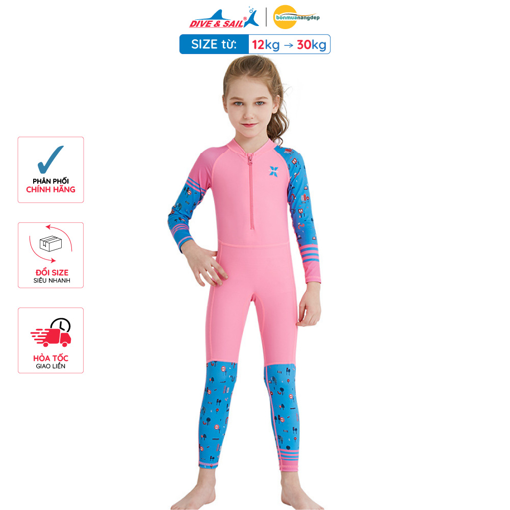 Đồ bơi bé gái Dive and Sail size 12-30kg Tay dài Quần dài chất liệu vải chống nắng