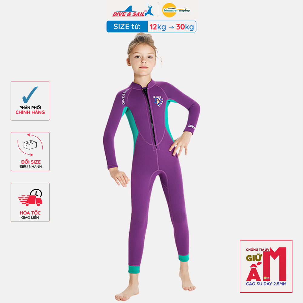 Đồ bơi giữ nhiệt bé gái Dive and Sail size 12-30kg cao su dày 2.5mm giữ ấm ngăn tia UV