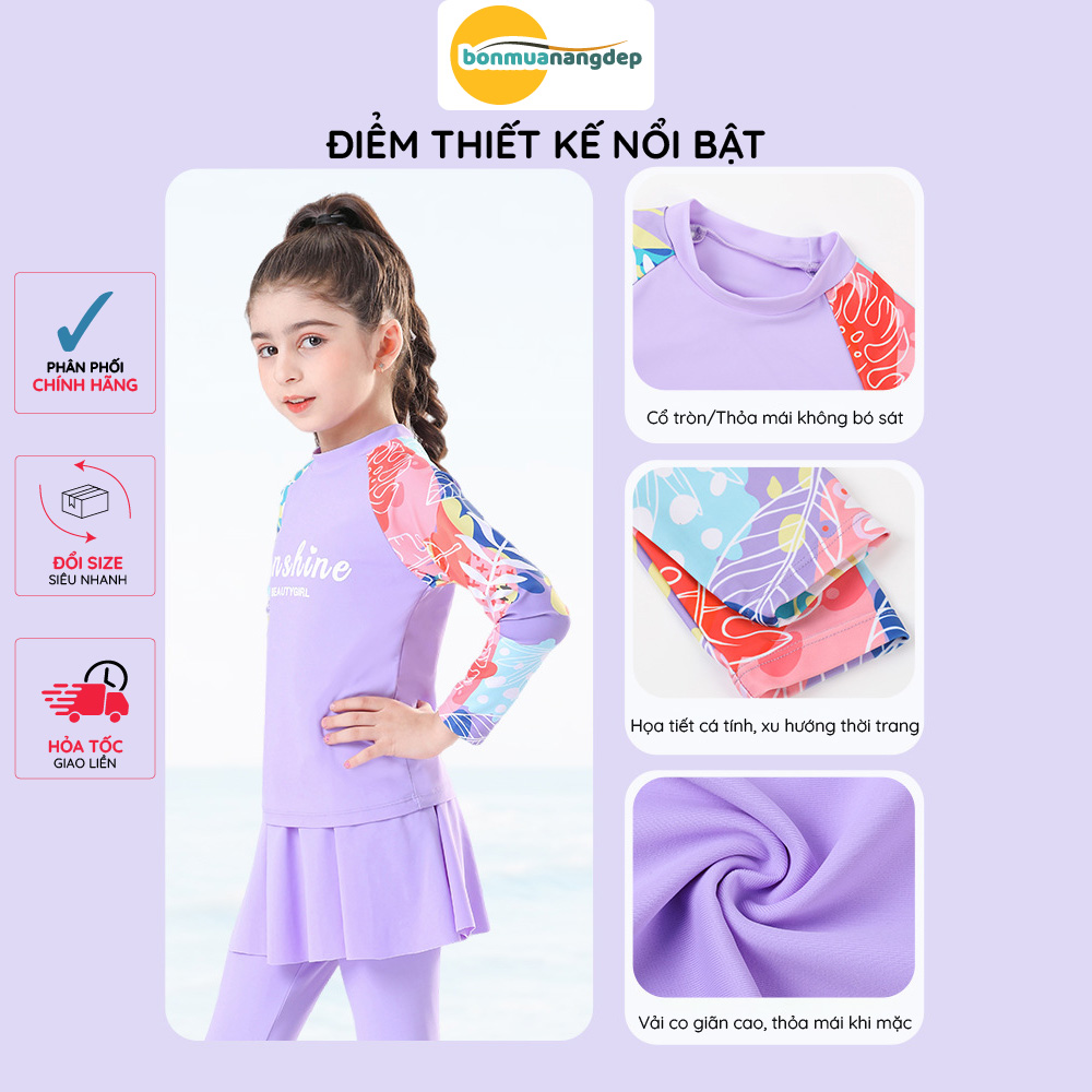Bộ đồ bơi bé gái set 3 món áo dài quần dài và chân váy rời chống nắng