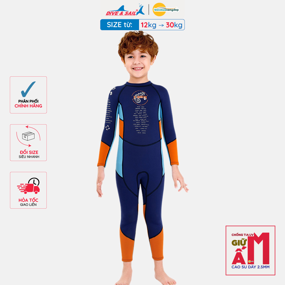 Đồ bơi giữ nhiệt bé trai Dive and Sail size 12-30kg Cao su dày 2.5mm giữ ấm ngăn tia UV