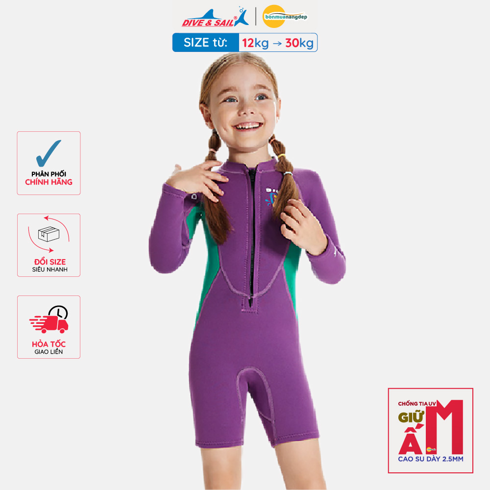 Đồ bơi giữ nhiệt bé gái Dive and Sail size 12-30kg cao su dày 2.5mm giữ ấm ngăn tia UV
