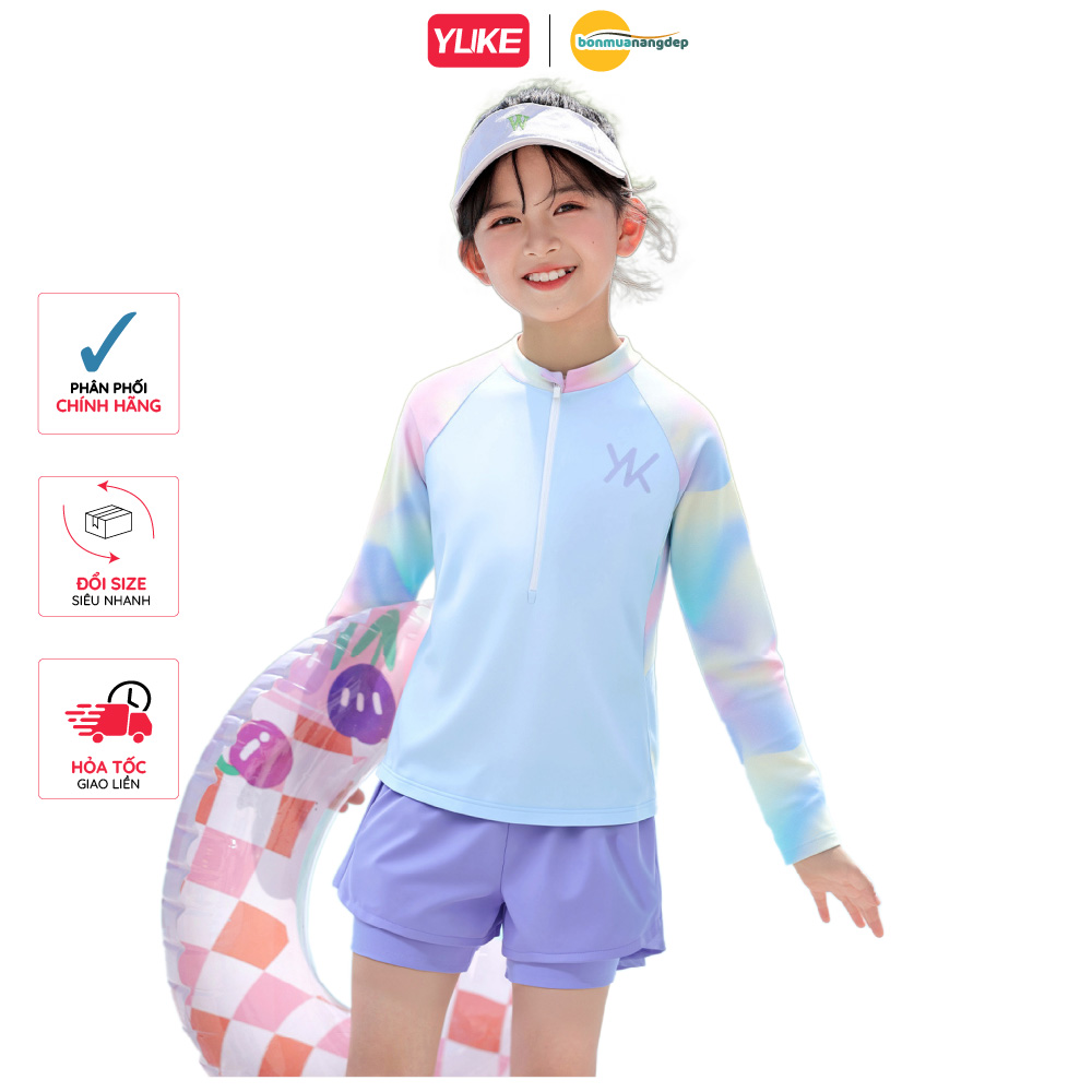 Đồ bơi bé gái YUKE tay dài quần ngắn ombre sôi động khóa kéo trước tiện lợi size từ 10–30kg
