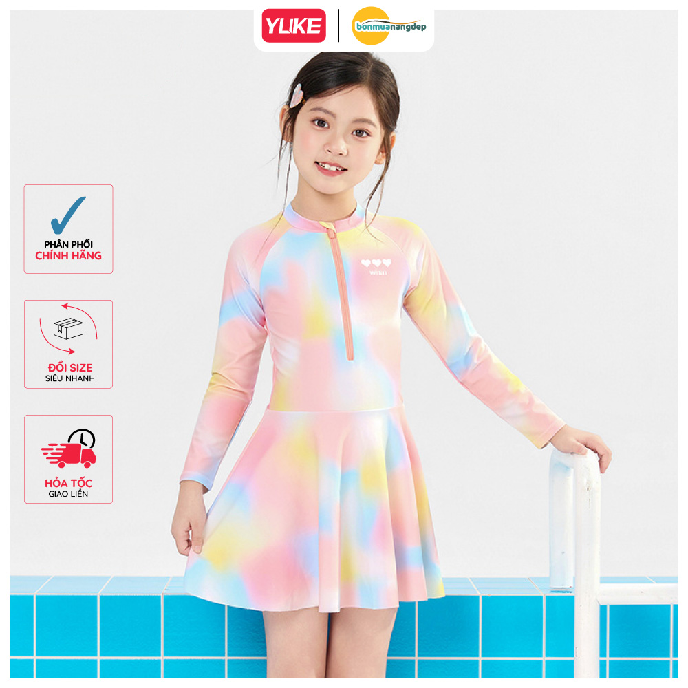 Đồ bơi bé gái YUKE tay dài chống nắng chân váy liền thân chất vải mềm mại phù hợp vui chơi dưới nước