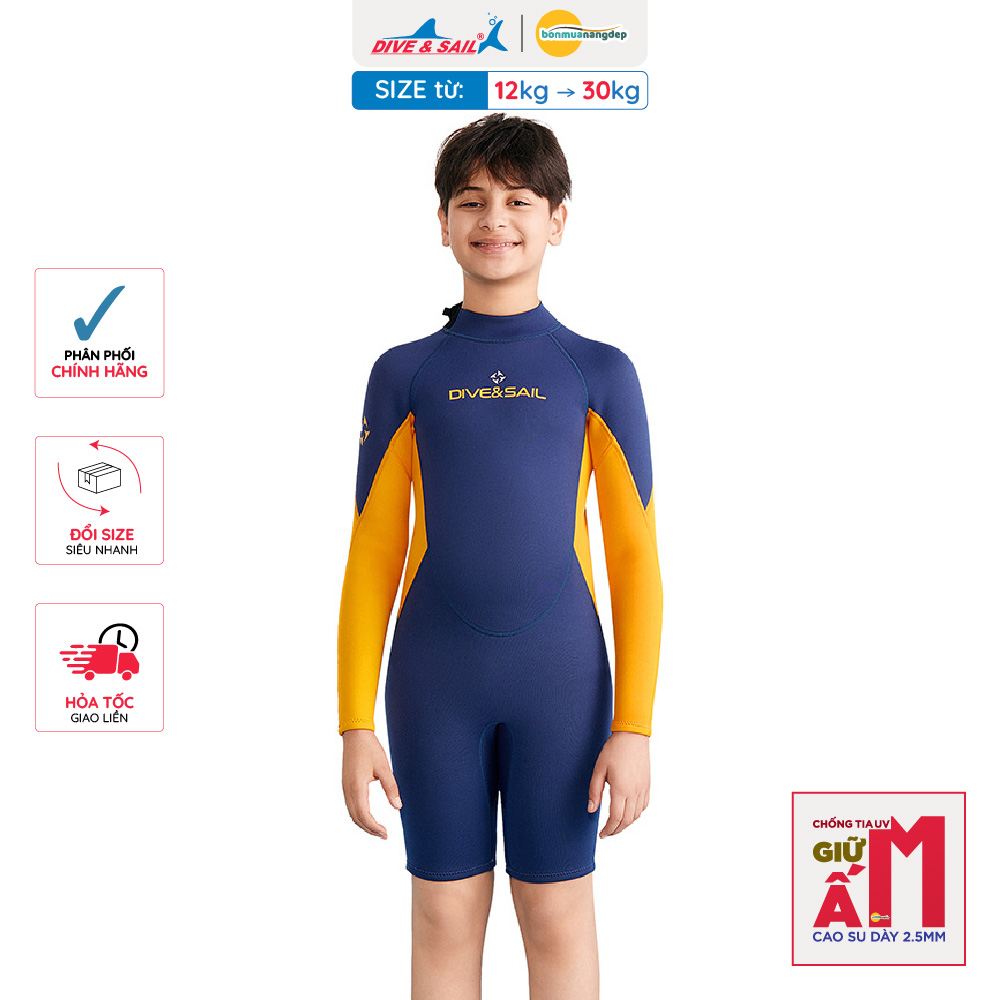 Đồ bơi giữ nhiệt bé trai Dive and Sail size lớn 27-55kg cao su dày 2.5mm giữ ấm