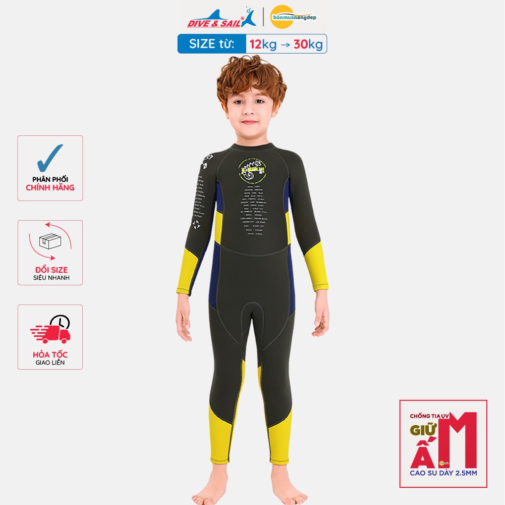 Đồ bơi giữ nhiệt bé trai Dive and Sail size 12-30kg Cao su dày 2.5mm giữ ấm ngăn tia UV