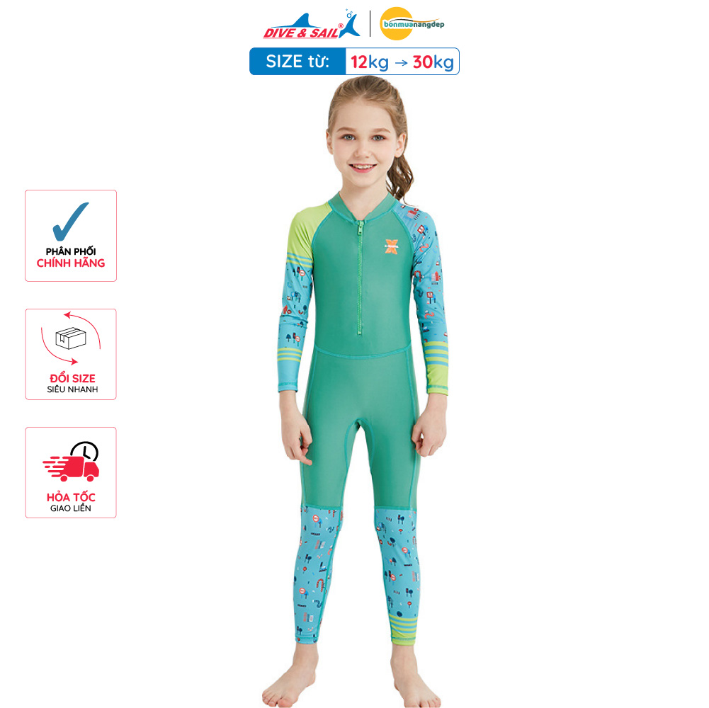 Đồ bơi bé gái Dive and Sail size 12-30kg Tay dài Quần dài chất liệu vải chống nắng