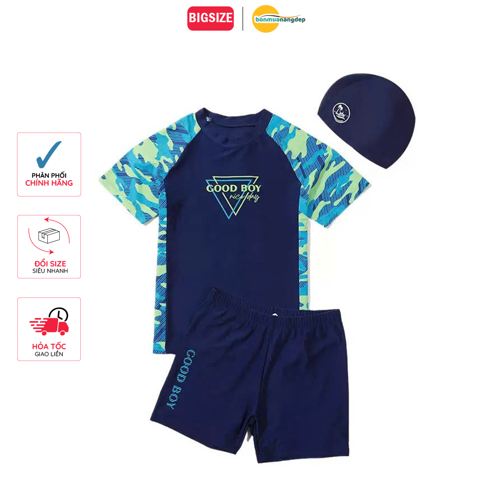 Đồ bơi bé trai BIG SIZE tay ngắn quần ngắn kèm mũ, size từ 34kg - 73kg