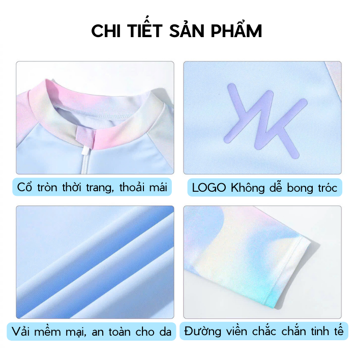 Đồ bơi bé gái YUKE tay dài quần ngắn ombre sôi động khóa kéo trước tiện lợi size từ 10–30kg