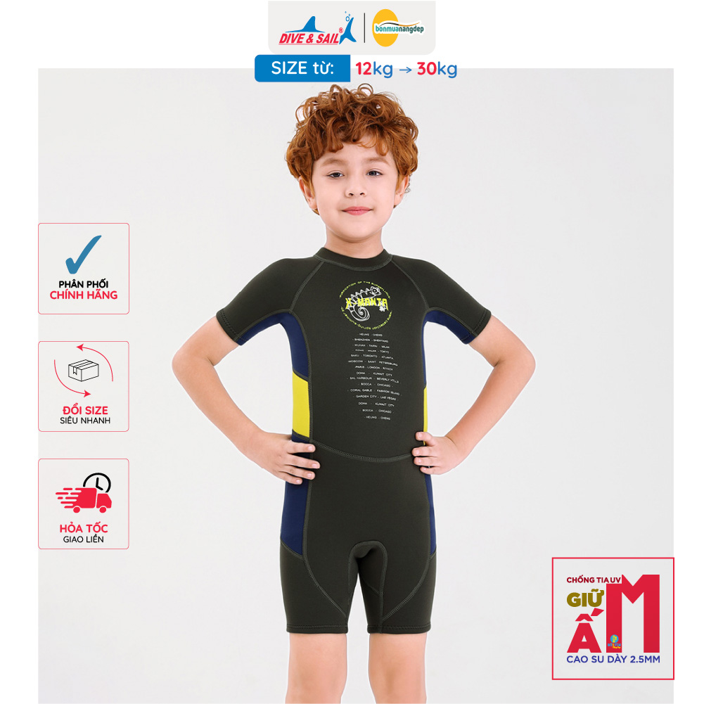 Đồ bơi giữ nhiệt bé trai Dive and Sail size 12-30kg chất liệu cao su dày 2.5mm giữ ấm ngăn tia UV