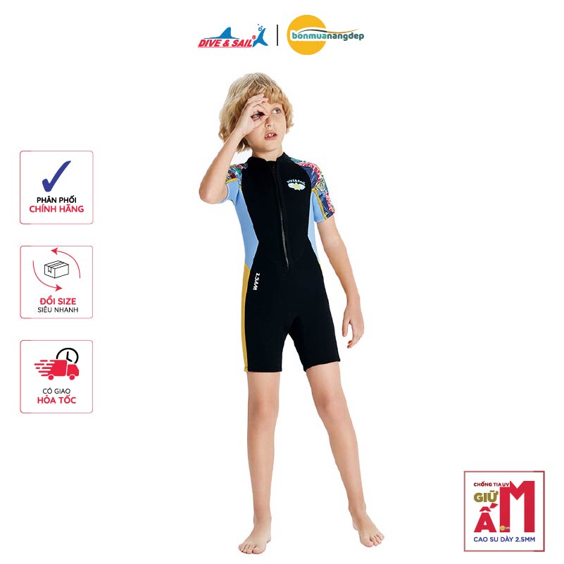 Đồ bơi giữ nhiệt bé trai Dive and Sail chất cao su dày 2.5mm giữ ấm chống tia UV size 12-30kg