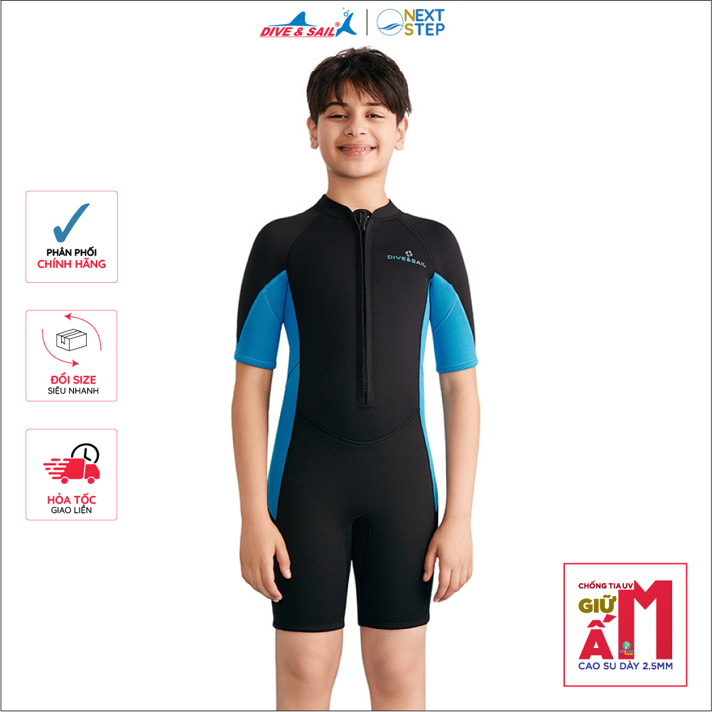 Đồ bơi giữ nhiệt bé trai cỡ vừa và lớn Dive and Sail 24-50kg tay ngắn dày 2.5mm chống tia UV