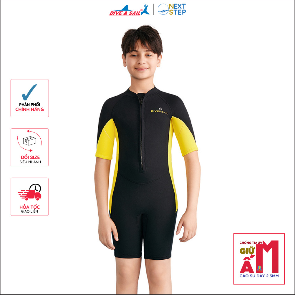 Đồ bơi giữ nhiệt bé trai cỡ vừa và lớn Dive and Sail 24-50kg tay ngắn dày 2.5mm chống tia UV